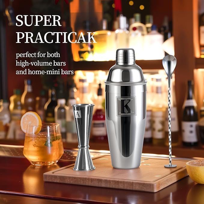24oz Cocktail Shaker Set with 1 oz 2oz Jigger - Monogramm Initials Martini Shaker Set - 304 Stainless Steel Bar Shaker for Margarita,Mojito-Personalized Gift for Friend,Husband-M