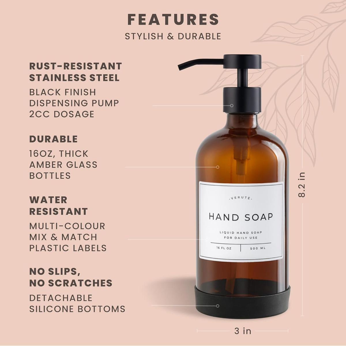 16oz Glass Soap Dispenser with Stainless Steel Pump, 21 Waterproof Labels, Non-Slip Protective Silicone Pad, Set of 2 for Bathroom & Kitchen (Amber Bottle/Black Pump)