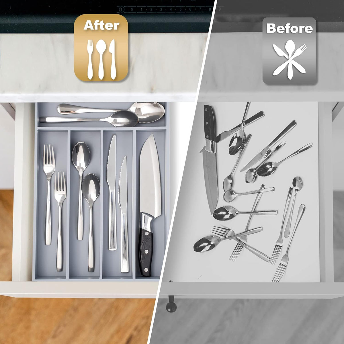 Bamboo Silverware Holder - Drawer Organizer with 5 Slots (Gray)