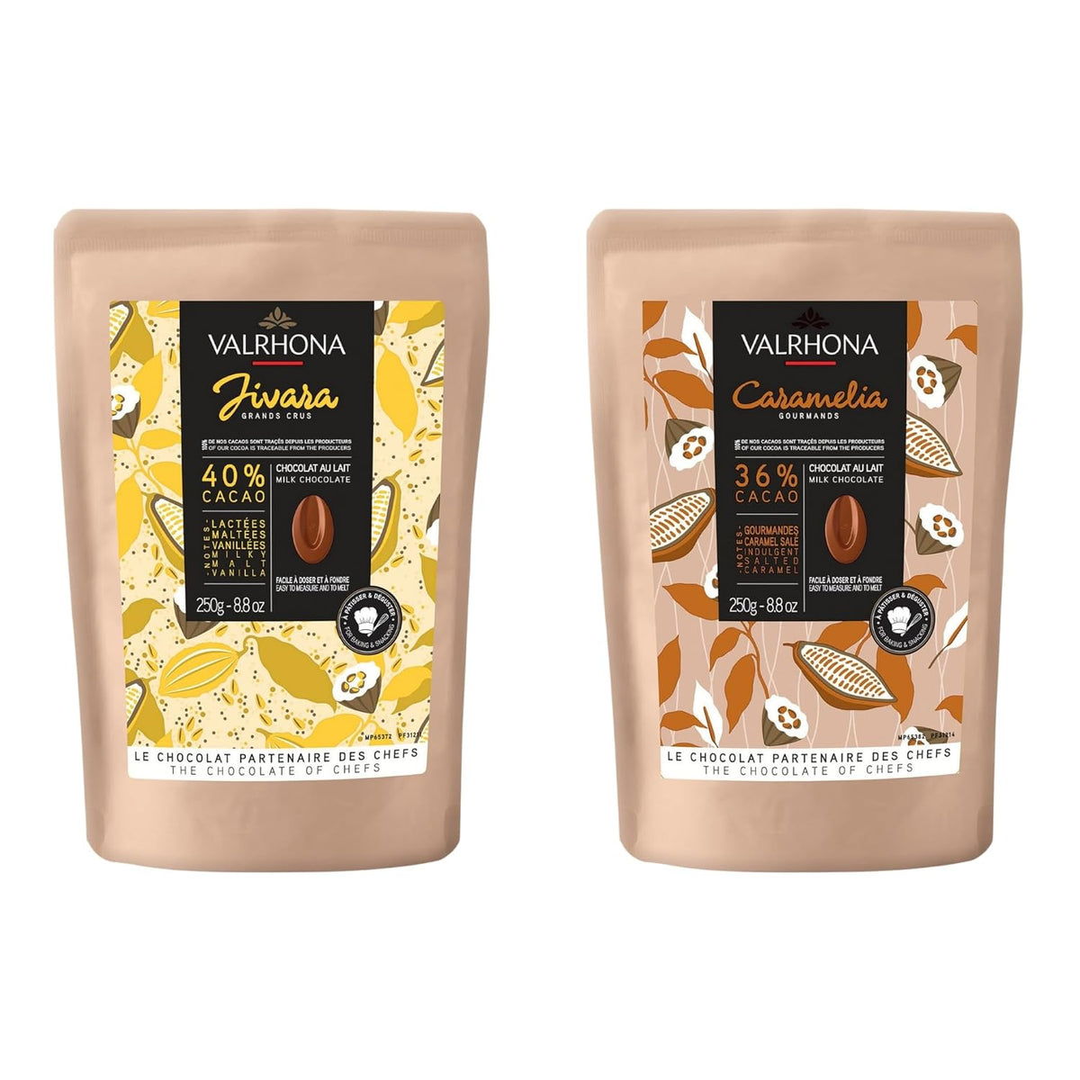 Valrhona Premium Baking Chocolate Discs (Feves), Creamy Milk JIVARA 40% w/Hints of Vanilla and Malt, and CARAMELIA 36% Cacao. Creamy, Caramel, Salted Butter Notes, For Cookies, Cakes, and more
