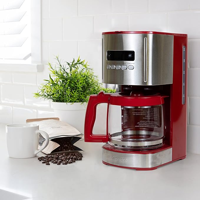 Kenmore Drip Coffee Maker - Programmable Cafe Machine With Glass Pot, Regular & Bold Brew, Auto Shut Off Large Water Reservoir, Reusable Filter, Kitchen Appliances For Cafeteria Barista, 12 Cup Red