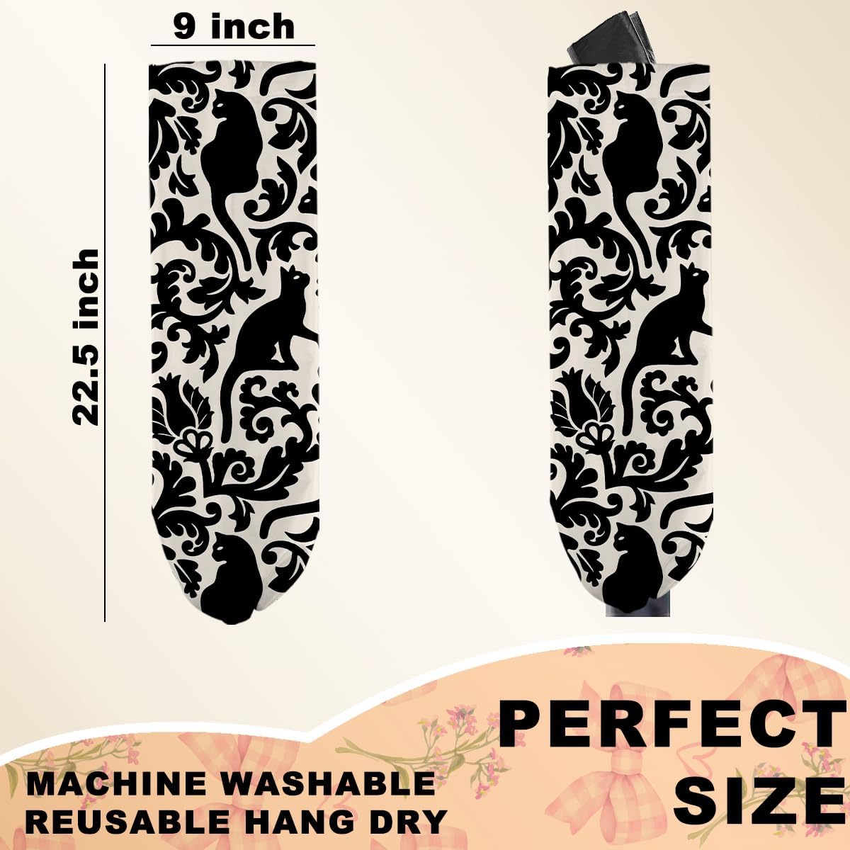 2Pcs Black White Floral Cat Plastic Bag Holder, Wall Mount Grocery Bag Holder for Plastic Bags, Mysterious Cats Reusable Grocery Bags Storage Dispenser for Home Kitchen Decor, Cat Lover Gifts