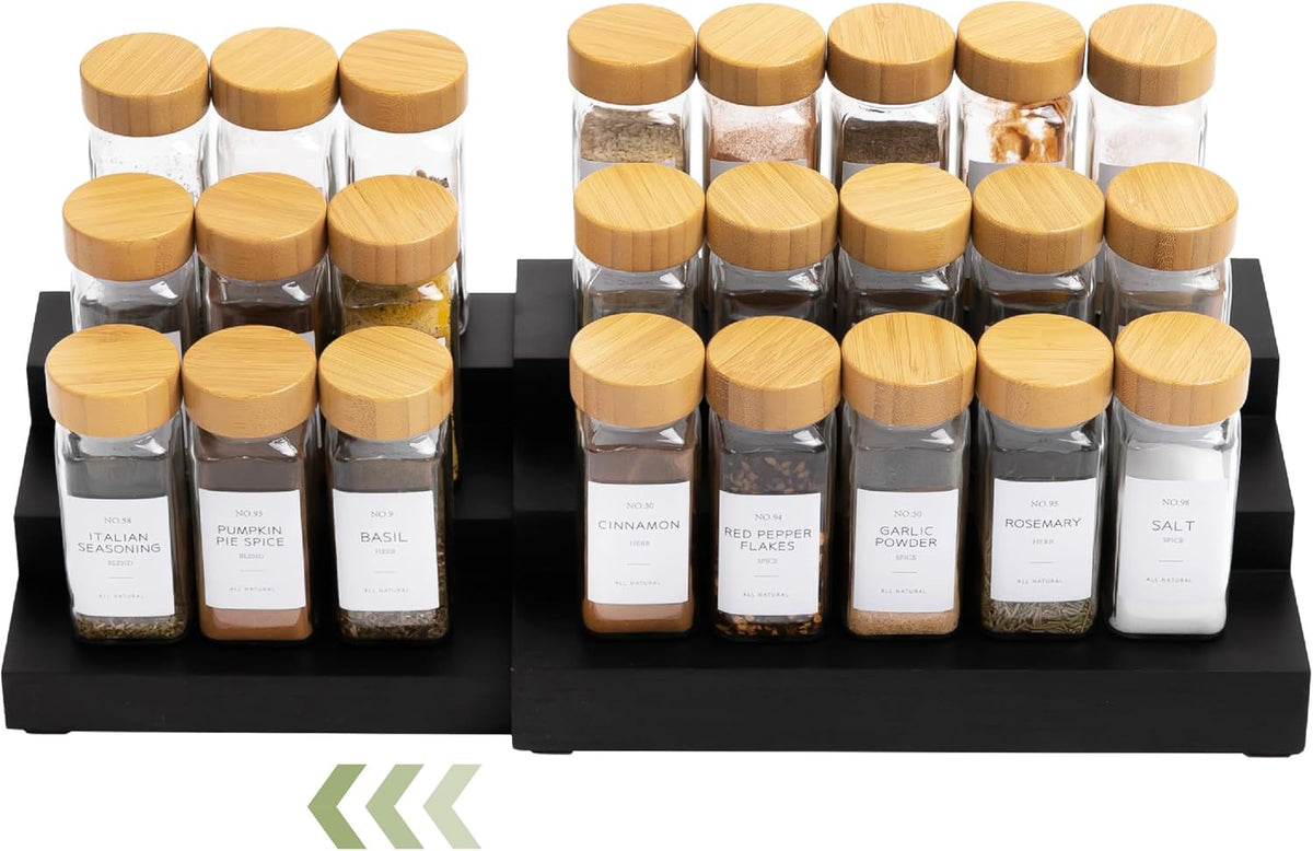 KitchenEdge Expandable Spice Rack Organizer for Cabinet, 3-Tier Shelf for Spice Organization (11” to 22”), Fits 36 Spice Jars, Seasoning and Pantry Storage, Non-Slip Feet, 100% Bamboo, Black Finish