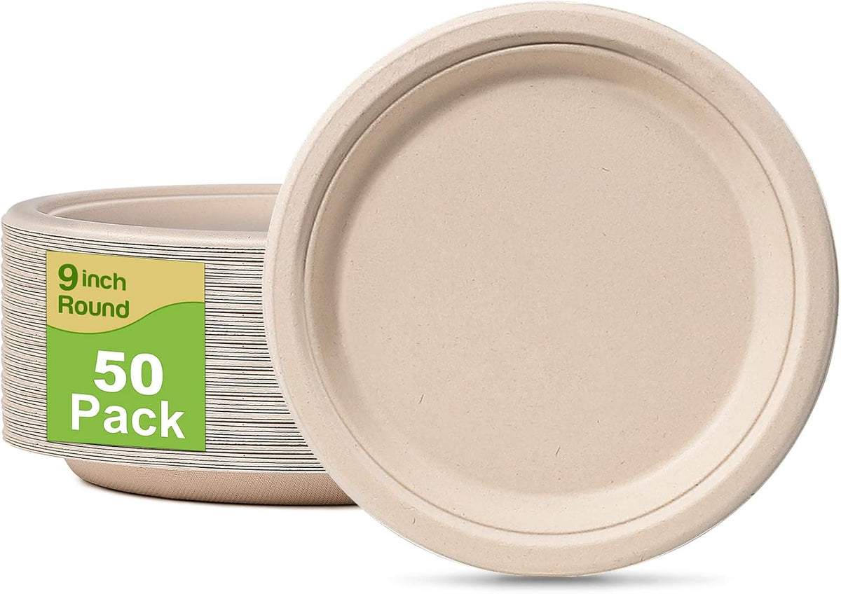 Paper Plates 9 inch, 50 Pack Eco Friendly Recycled Paper Plates, 100% Compostable Plates Disposable, Sturdy Paper Plates Dinner Size, Brown Paper Plates