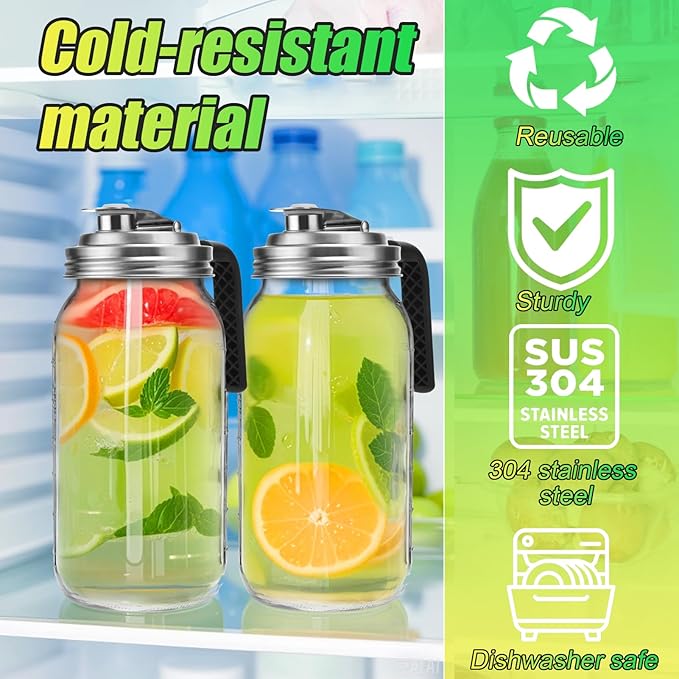 Mason Jar Pour Spout Lid Stainless Steel with Handle, Wide Mouth Pour Spout Flip Cap Lids for Mason Jars, Anticracking Leak Proof Seal Cover Airtight for Drinking Salad Dressing & Food Storing(2PCS)