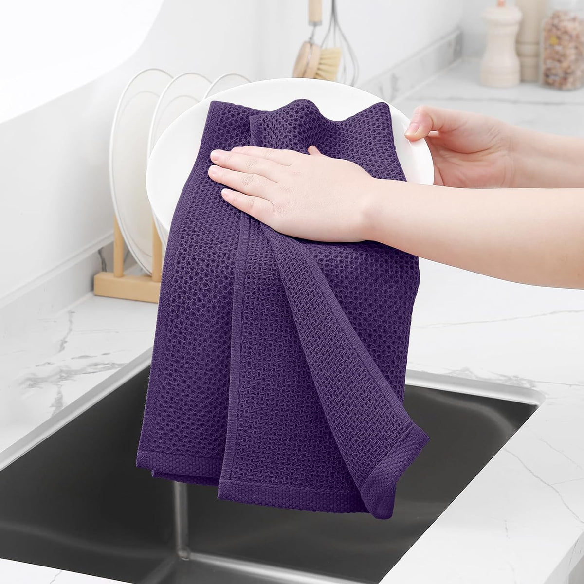 Homaxy 100% Cotton Waffle Weave Kitchen Dish Towels, Ultra Soft Absorbent Quick Drying Cleaning Towel, 13 x 28 Inches, 6-Pack, Eggplant
