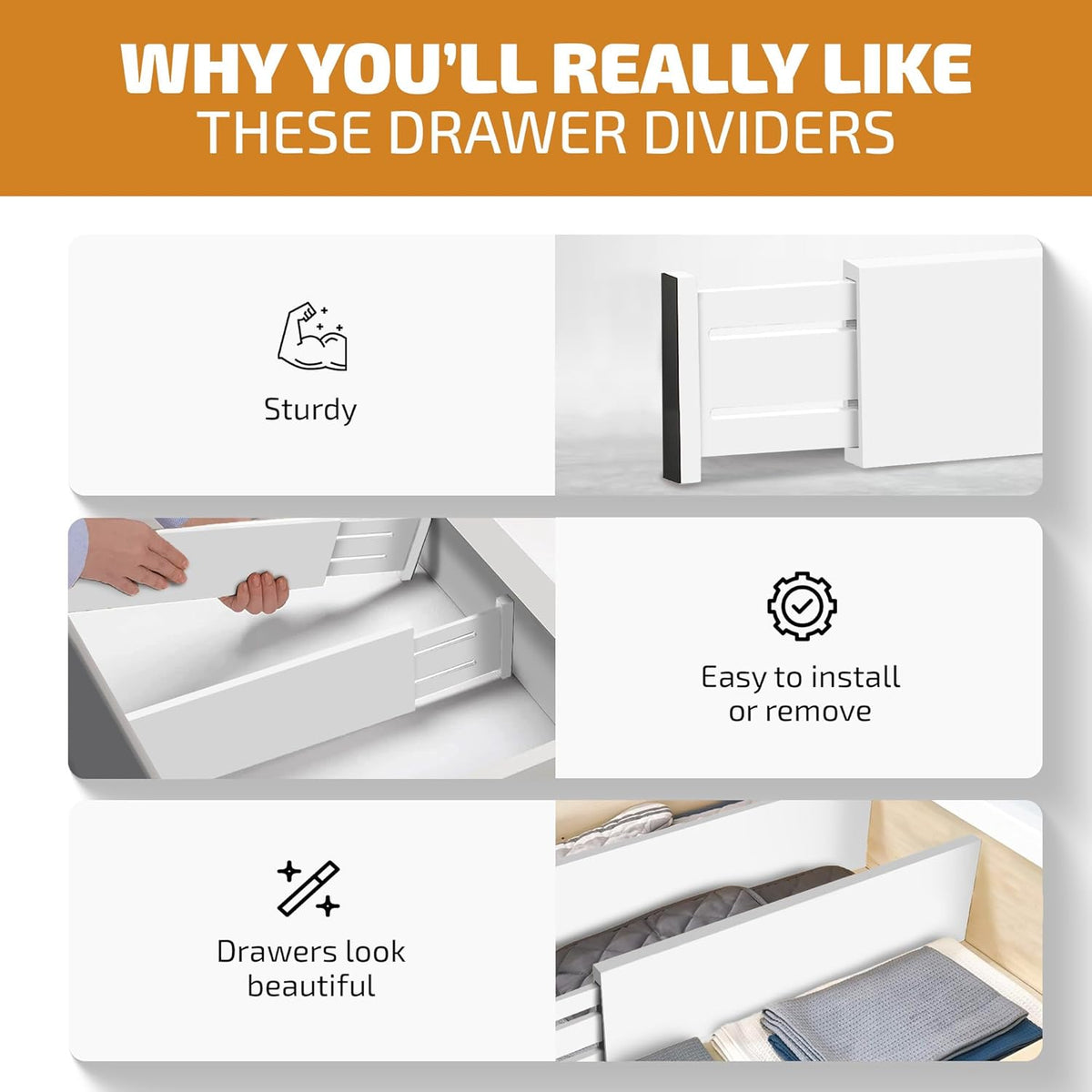 6 Pack Drawer Dividers 6 Inch High, 11”-17" Adjustable Bamboo Organizers Large Expandable Drawer Separators for Cloths, Dresser, Bedroom, Bathroom, Baby Drawer, Office & Kitchen Utensils (White)