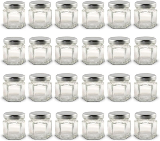 1.5 oz Hexagon Mini Glass Jars with Silver Lids (Pack of 24)