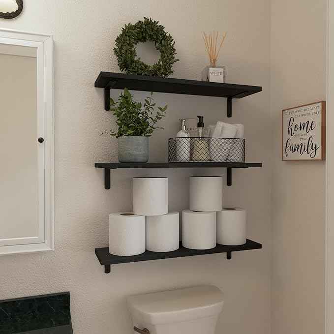 WOPITUES Wood Floating Shelves Set of 6, 24 inch Long Floating Shelves for Wall Decor, Farmhouse Shelf for Bedroom, Bathroom Storage Shelves, Book Shelves for Living Room - Black