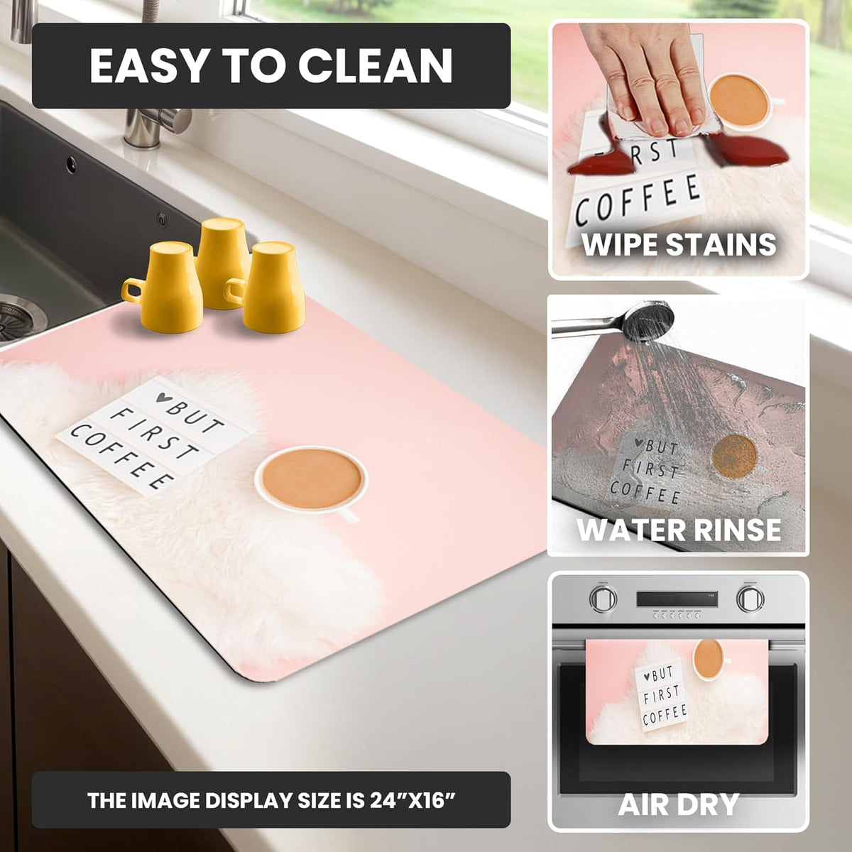 Coffee Mat Super Absorbent – 24" x 16" Dish Drying Mat for Kitchen Counter-Fit Under Coffee Maker Espresso Machine Dish Rack (Morning Brew)