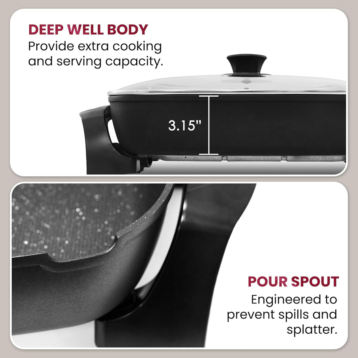 Elite Gourmet EG6203 Extra Deep 16"x13"x3.2" (10.5Qt.) Scratch Resistant, Easy Pour Spout, Dishwasher Safe, Non-stick Electric Skillet with Vented Glass Lid, Adjustable Temperature, Black