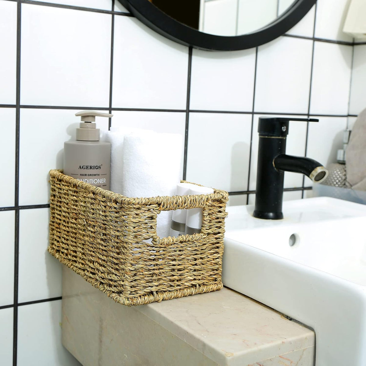 HOONEX Wicker Baskets for Storage, Seagrass Baskets with Dual Handles, Woven Baskets for Shelves, Set of 2, Natural