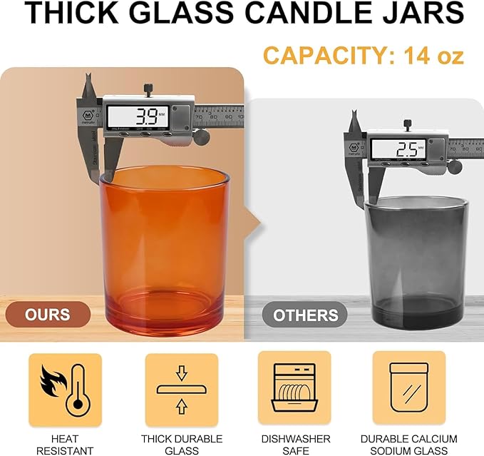 14 OZ Thick Candle Jars for Making Candles 12 Pcs, 3 Wick Empty Jars with Wood Lids for Candle Making, Sample Container,Clear Orange