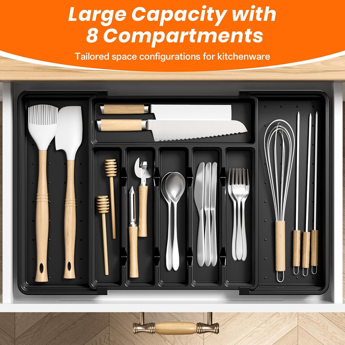 Large Silverware Organizer,Expandable Utensil Drawer Organizer,BPA Free Utensil Holder,Adjustable Silverware Tray Cutlery Drawer Organizer for Kitchen Flatware,Large,Black,2 Pack