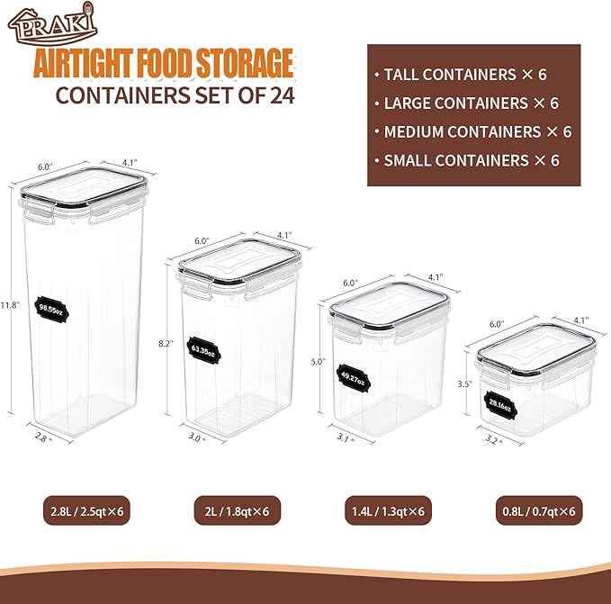 PRAKI Airtight Food Storage Containers Set with Lids - 24 PCS, BPA Free Kitchen and Pantry Organization, Plastic Leak-proof Canisters for Cereal Flour & Sugar - Labels & Marker