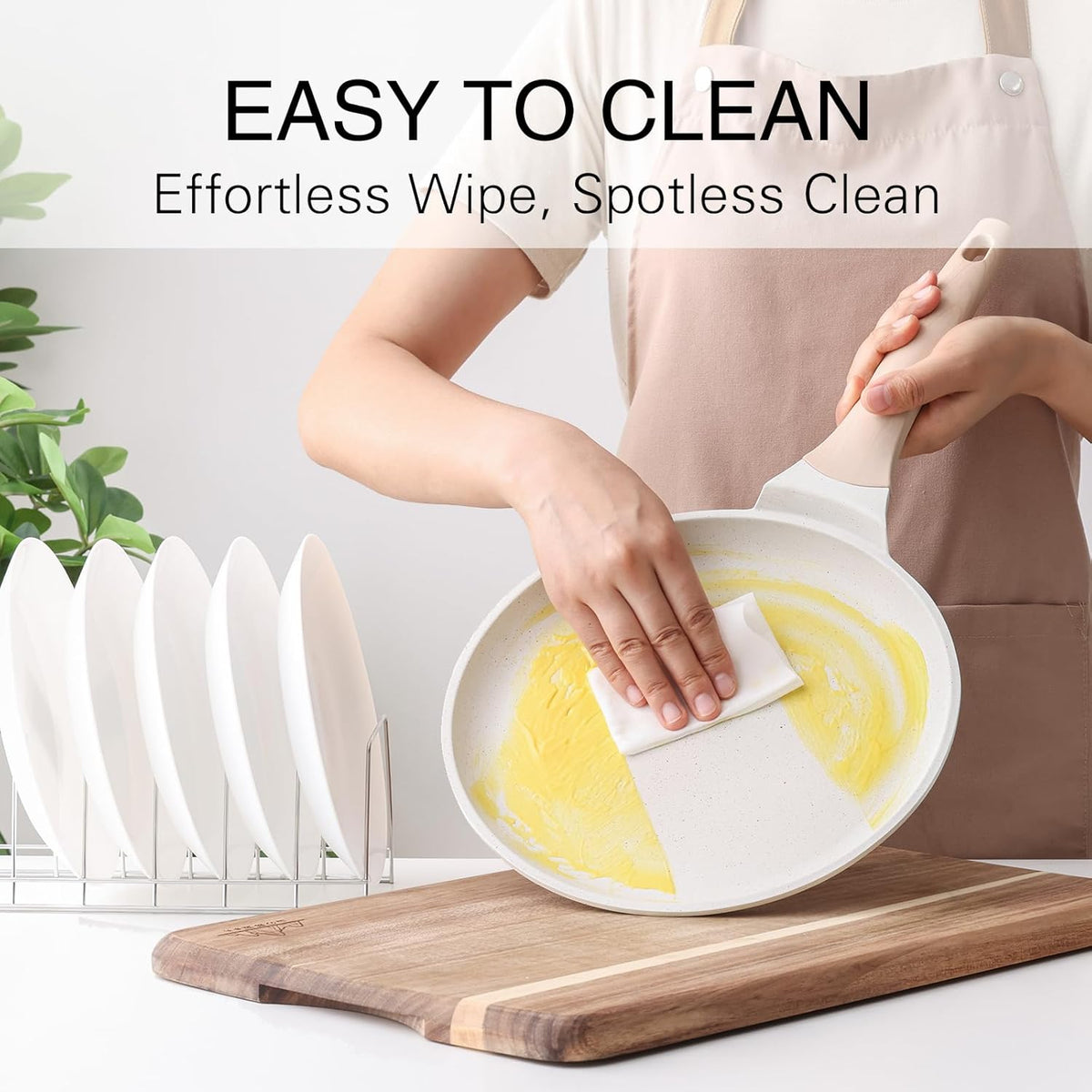 Crepe Pan Nonstick, 10 Inch Healthy Coating Comales para Tortillas Dosa Pan with Spreader, Induction Compatible, PFOA Free (White)