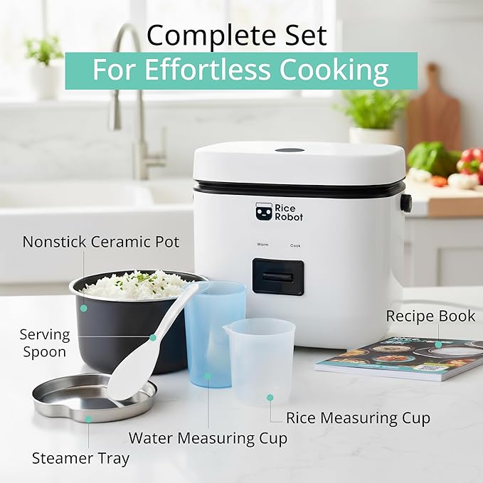 Rice Robot Personal Rice Cooker, PFAS-free, Nonstick. 1 Quart Capacity, with Stainless Steel Steamer Tray, Measuring Cups, Recipe Book with 60 Recipes, and Serving Spoon, As Seen On TV