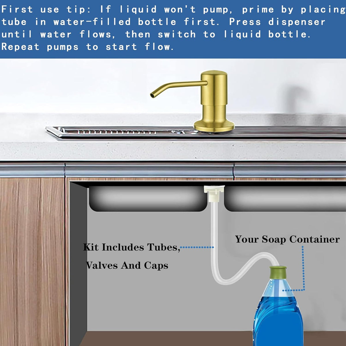 Soap Dispenser for Kitchen Dish Sink Built in Soap Dispenser Pump Gold with 47" Extension Tube Kit