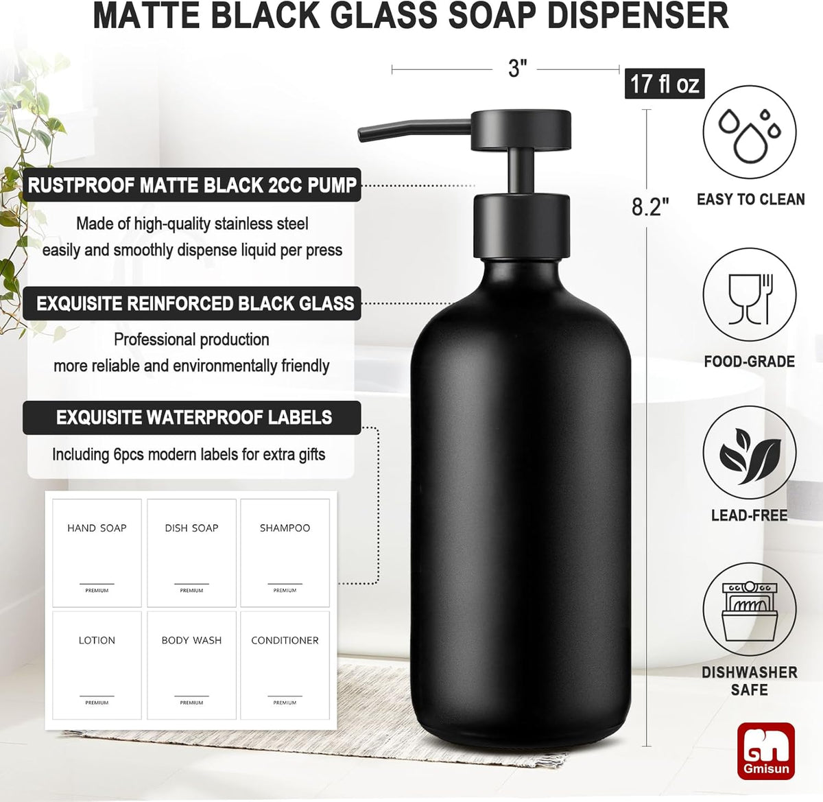 GMISUN Black Soap Dispenser, 2 Pack Matte Black Hand Soap Dispensers for Bathroom, 17 Fl Oz Glass Dish Soap Dispenser for Kitchen with Stainless Steel Pump, Modern Liquid Soap Bottle Set
