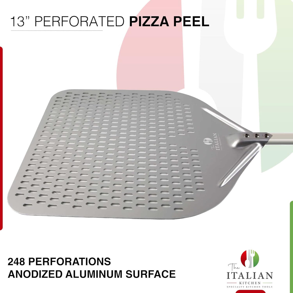 Perforated Pizza Peel 13"W x 16.7"L- Professional Restaurant Grade Large Metal Pizza Peel - 45.7" or 29.7" Long Handle Aluminum Turning Peel - Commercial Pizza Paddle