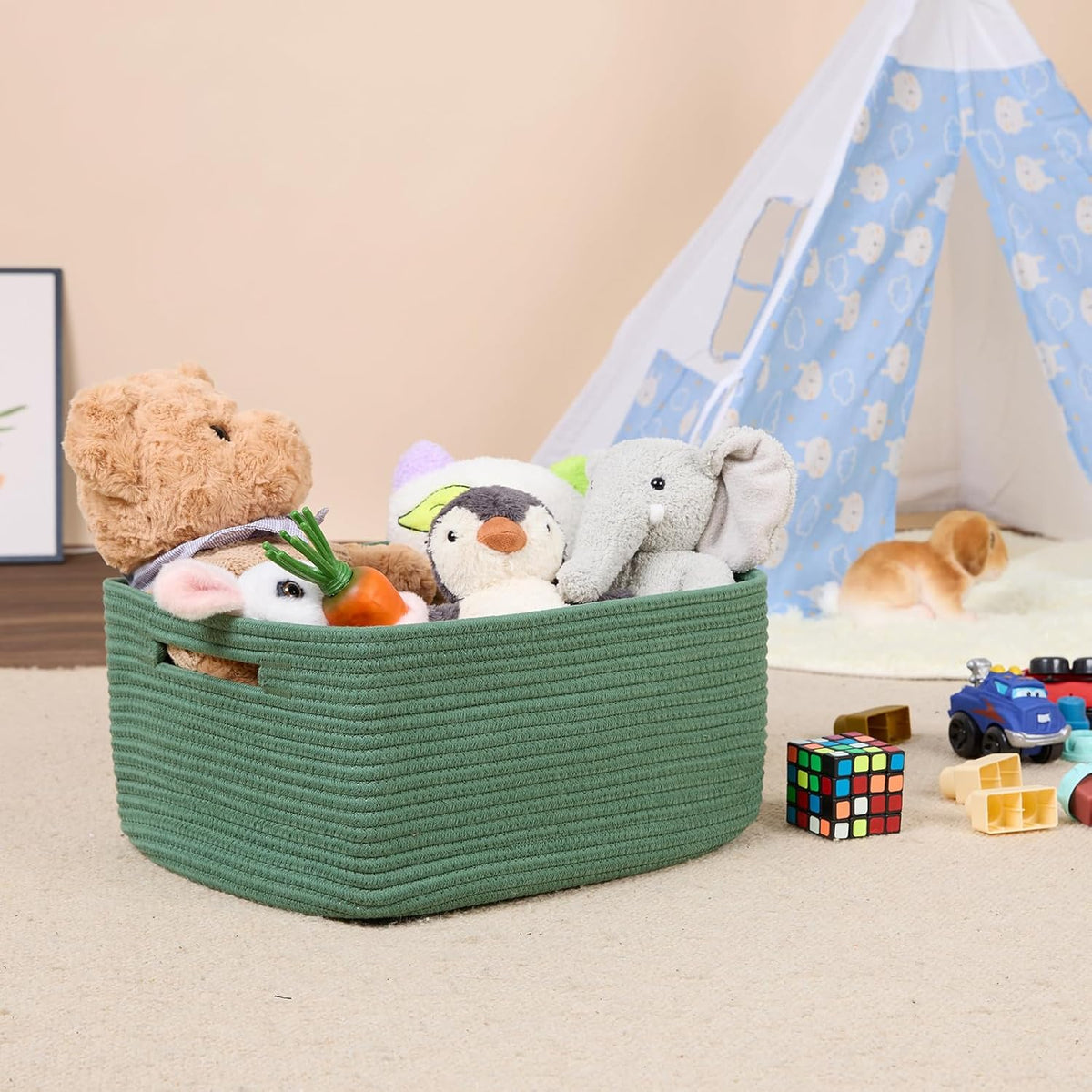 Large Storage Baskets for Shelves, Closet Organizers Bins for Clothes Blanket Towels, Baby Nursery, Toy Baskets Box, Woven Rope Baskets, 17 x 13 x 7.5”, 3 Packs Green