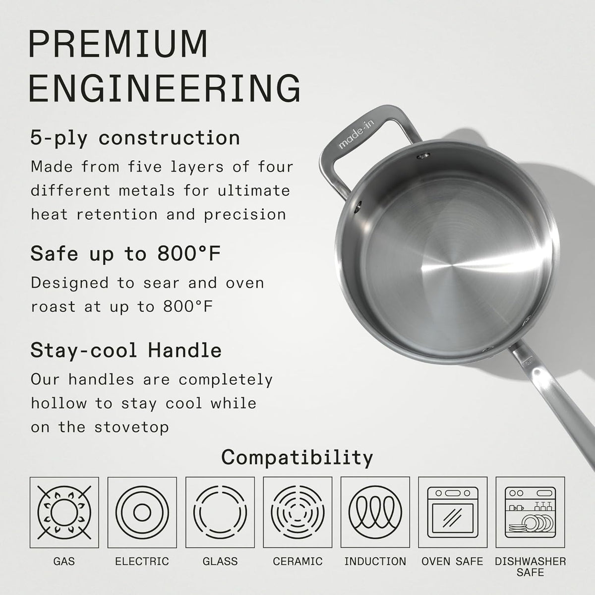 Made In Cookware - 4 Quart Stainless Steel Saucepan with Lid - 5 Ply Stainless Clad Sauce Pan - Professional Cookware - Crafted in Italy - Induction Compatible