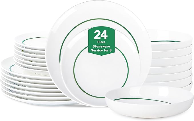 Stone Lain Luna 24-Piece Porcelain Dinnerware Set, Plates and Bowls Set, Dish Set for 8, Green