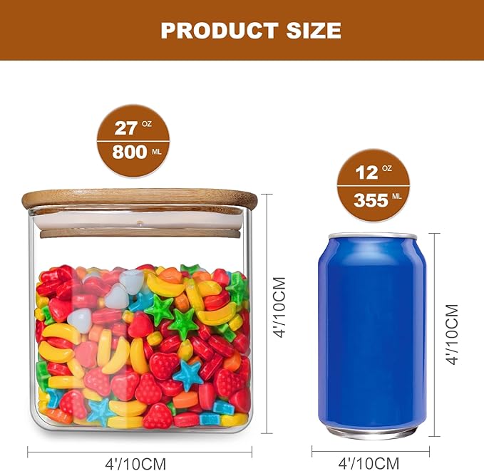 Glass Food Storage Jars 27oz Set of 6,Glass Storage Containers Clear Glass Food Canister with Bamboo Lid Airtight For Serving Tea, Coffee, Flour, Sugar, Candy, Cookie, Spice and More (Square)