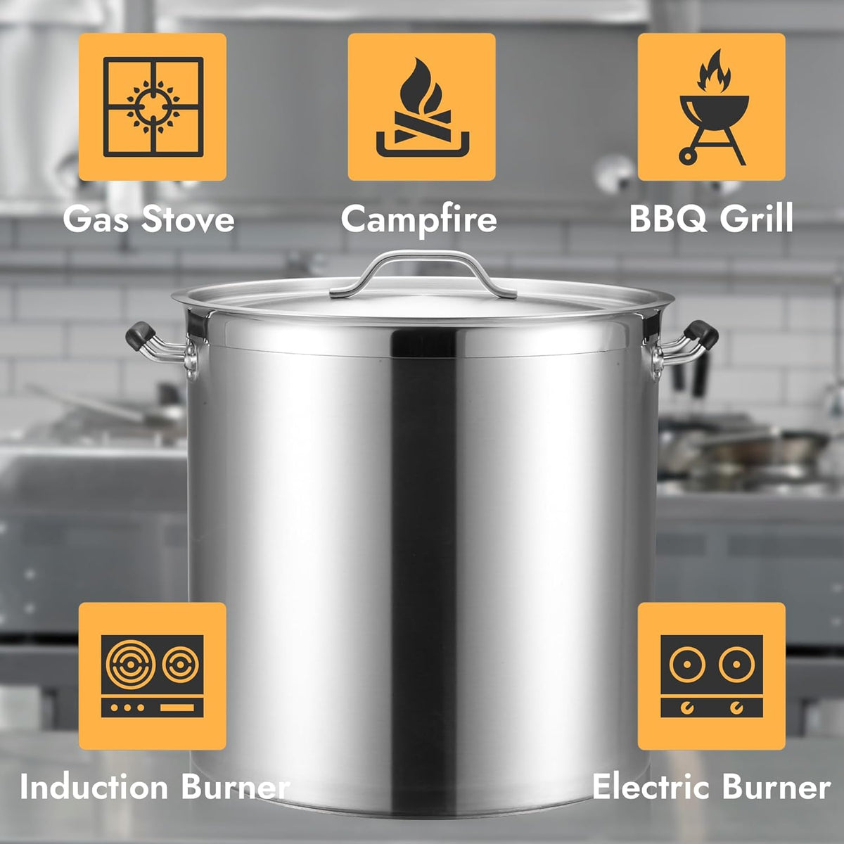 CURTA 75 Quart Large Stock Pot with Lid, NSF Listed, 3-Ply Clad Base, 18/8 Stainless Steel Cooking Pot, Commercial Cookware, Induction Ready, 17.7"D x 18.7"W x 17.7"H