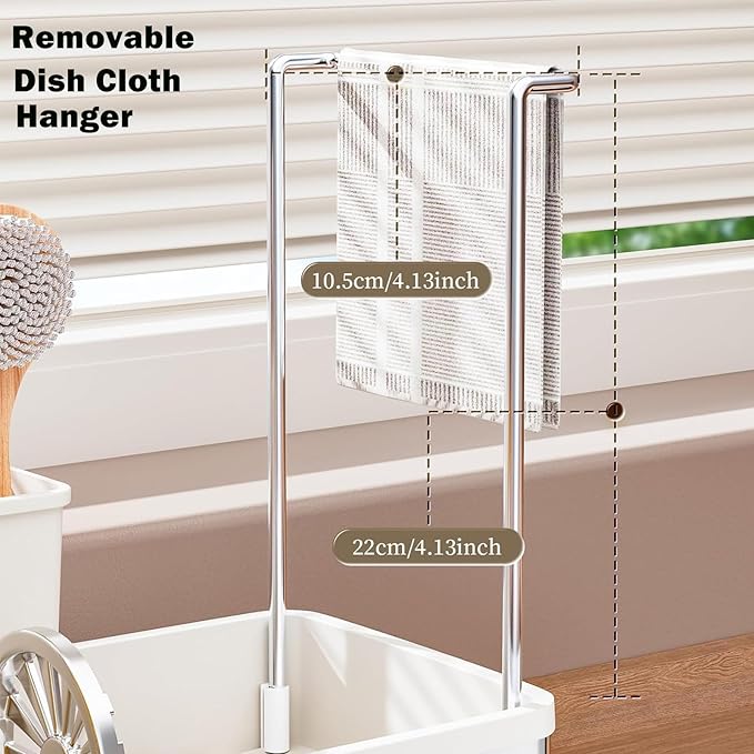 Sponge Holder for Kitchen Sink,Sink Caddy Organizer with Removable Brush Holder,Kitchen Countertop Soap Dispenser Storage with Detachable Towel Rack,White