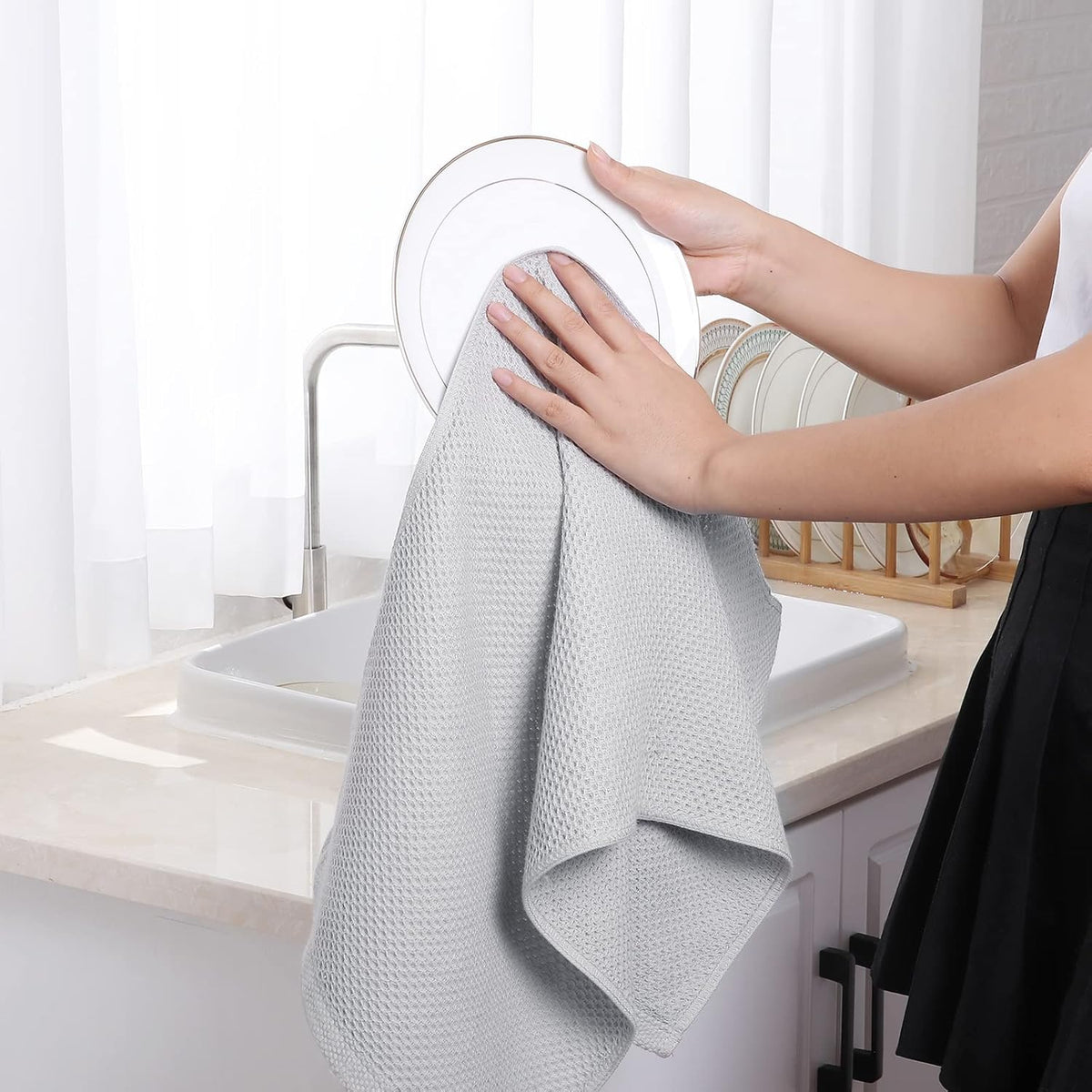 Homaxy 100% Cotton Waffle Weave Kitchen Dish Towels, Ultra Soft Absorbent Quick Drying Cleaning Towel, 13 x 28 Inches, 6-Pack, Light Gray