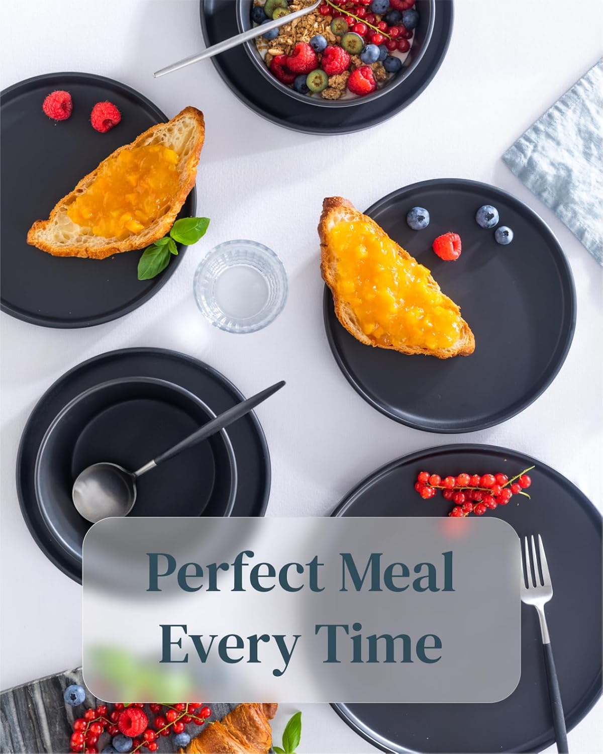 Ceramic Dinnerware Set - Scratch Resistant, Dishwasher & Microwave Safe Stoneware - 12 Piece Plates and Bowls for 4 - Matte Black