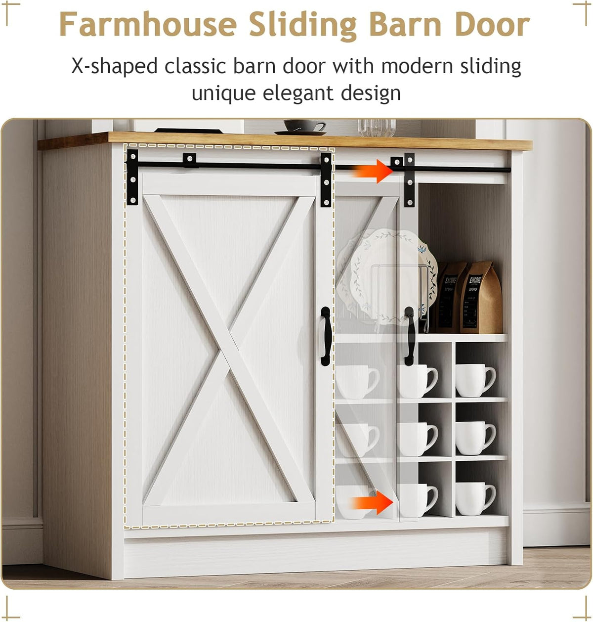 4ever2buy 72" Farmhouse Coffee Bar Cabinet with Sliding Barn Door, White Coffee Bar with Storage, Large Kitchen Buffet Cabinet with Wine Rack, Tall Bar Cabinet Table Living Dining Room