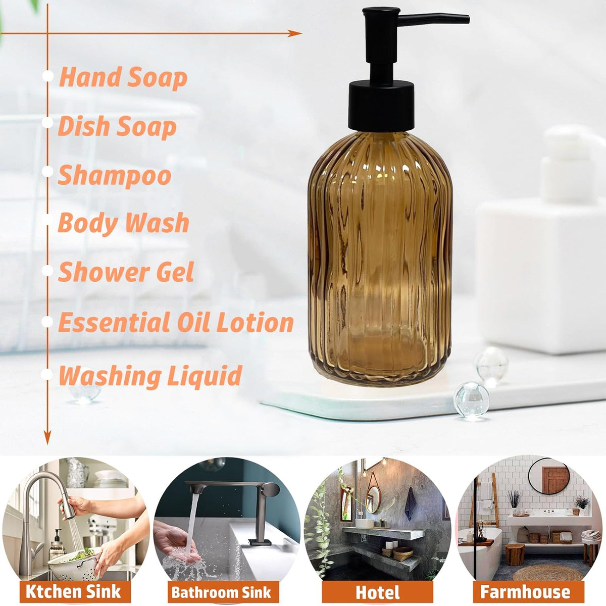 14Oz Black Pump Glass Soap Dispenser, Brown Stripe Countertop Refillable Liquid Bottle Hand Dish Lotion Dispenser with Plastic Pump, for Kitchen, Bathroom