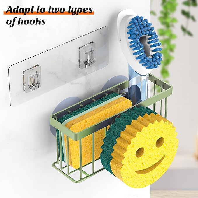 Sponge Holder Smiley Face,Sink Caddy,Sink Organizer with 2 Suction Cups/1 Adhesive Strips,Designed for Sponge,Soap,Dish Brush,Scrubber - Green