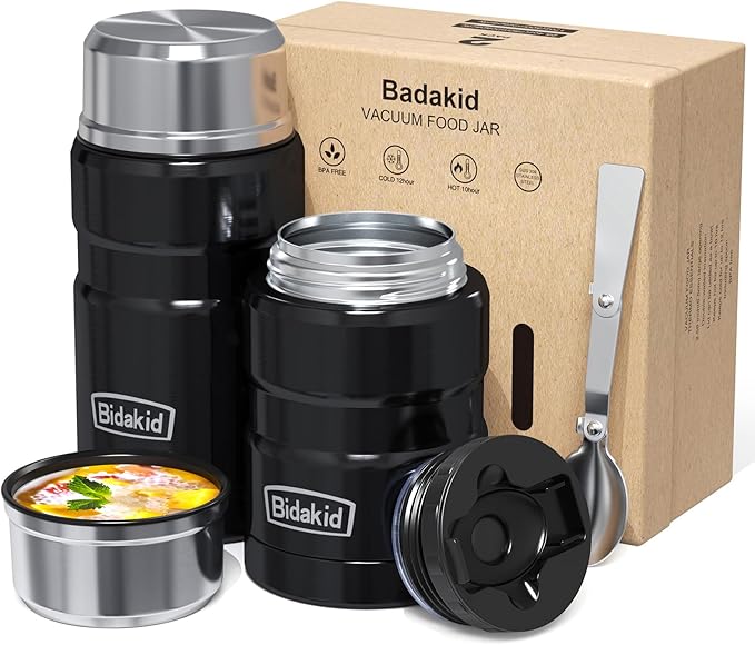 Insulated Food Jar Set – 25.4oz & 17oz Stainless Steel Containers with Folding Spoon and Carrying Bags – Leak-Proof, Keeps Food Hot or Cold for up to 12 Hours – Ideal for Work, School, Travel