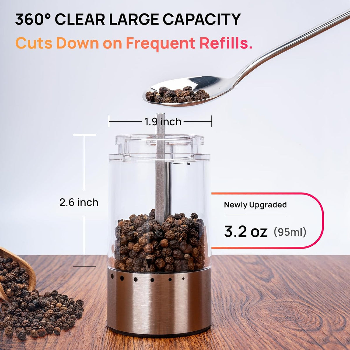 Upgraded Larger Capacity Electric Salt and Pepper Grinder Set Rechargeable with LED Light, Stainless Steel Refillable Pepper Mill Set with 6 Adjustable Coarseness for Kitchen, Outdoor, BBQ