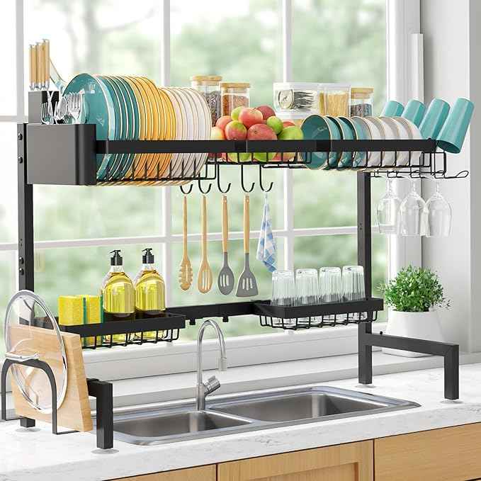 Over The Sink Dish Drying Rack - Adjustable 2 Tier X-Large Capacity Stainless Steel Drainer with Cutlery & Utensil Holders, Kitchen Storage & Organization, 32"-39.5" L x 12" W x 25" H, Black
