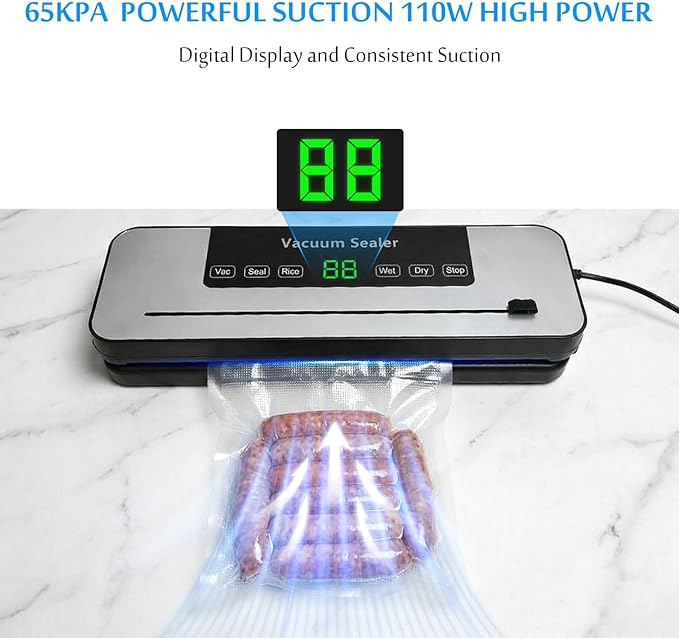 11.8in Vacuum Sealer Machine with 50 Bags, Heavy Duty Wet & Dry Food Saver with Detachable Base, Automatic Kitchen Vacuum Sealer for Meal Prep, Freezer Storage (Silver)