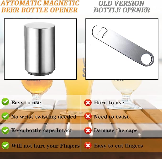 3 Pieces Automatic Magnetic Beer Bottle Opener(Stainless Steel), Portable Pop the Top Wine Bottle Cap Catcher, Quick Open, No Damage Push Down Bartender Tools for Bar, Home, Kitchen, Party, Restaurant