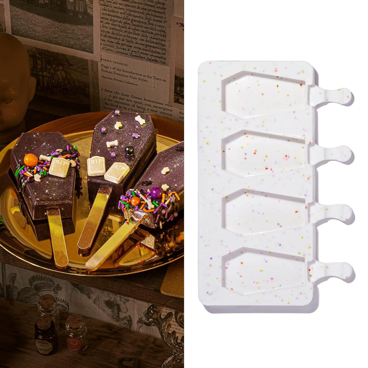 Fancy Sprinkles Limited Edition Halloween Elvira Coffin Cakesicle Mold, 4 Cavities Reusable Silicone, For Baking & Dessert Decorating, Includes 8 Dual-Sided Metallic Acrylic Sticks (10 ¼” x ⅞” x 6 ⅜”)