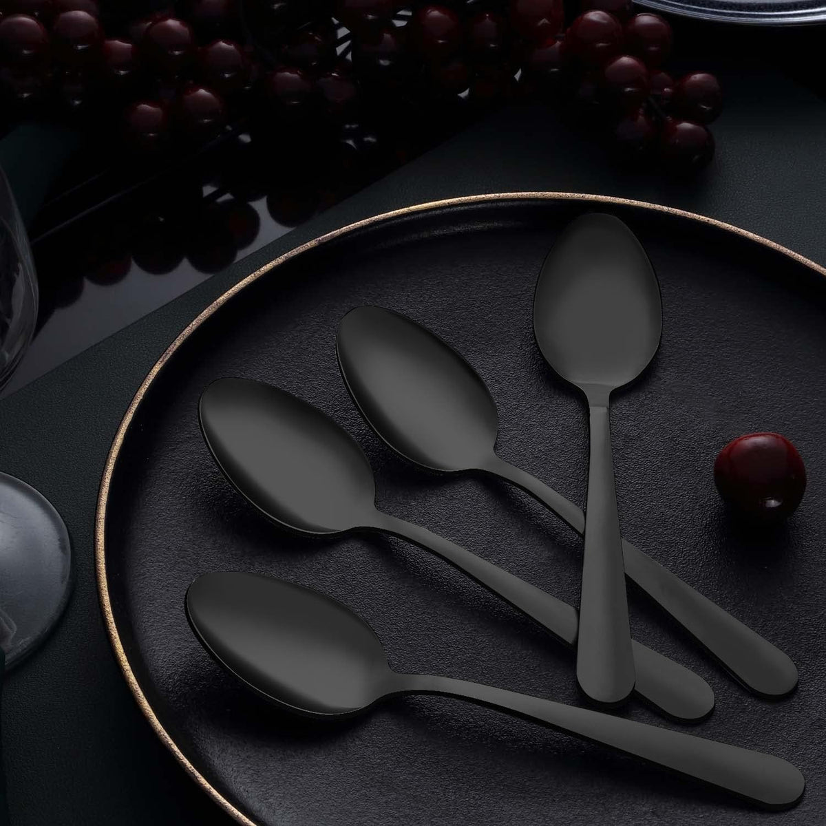 24-Piece Dinner Spoons Set (7.4 inch), Unokit Stainless Steel silverware, Tablespoon, Silverware Spoons Only for Home, Kitchen or Restaurant - Mirror Polished, Dishwasher Safe - Black
