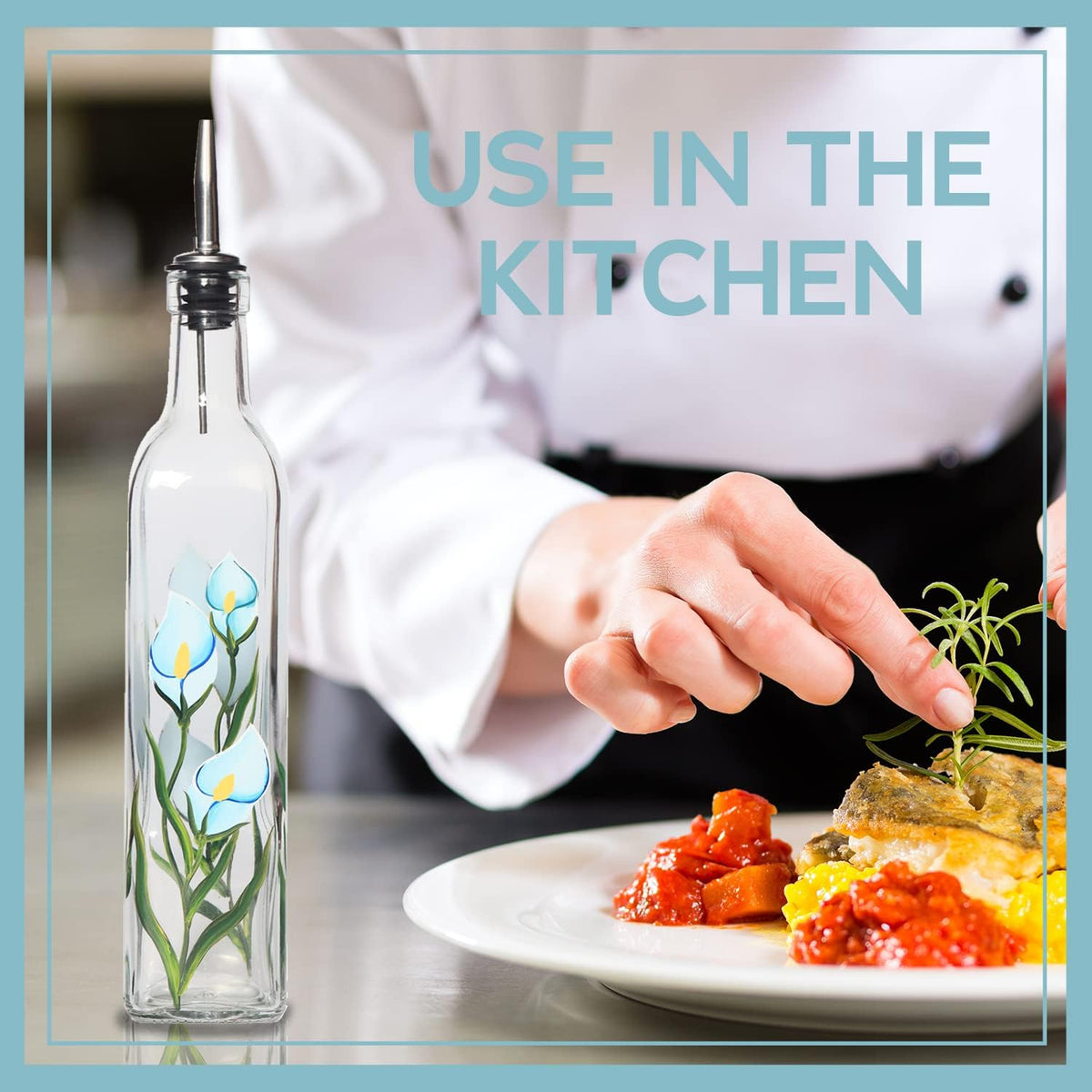 17oz Hand Painted Glass Olive Oil Bottle - 500ml Green Oil & Vinegar Cruet with Pourers - Olive Oil Carafe Decanter for Kitchen (Morning glory)
