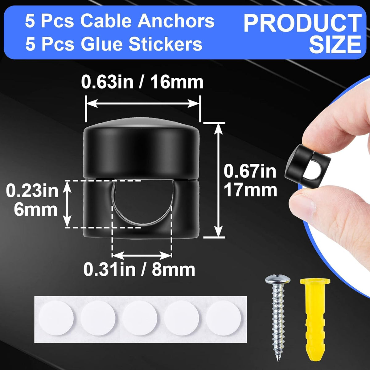 5 Sets Charger Holders for Cords, Matte Black Color Adjustable Cable Anchor Holders, Adhesive Metal Cord Clips, Cable Management Wire Organizers for Desk, Office, Nightstand