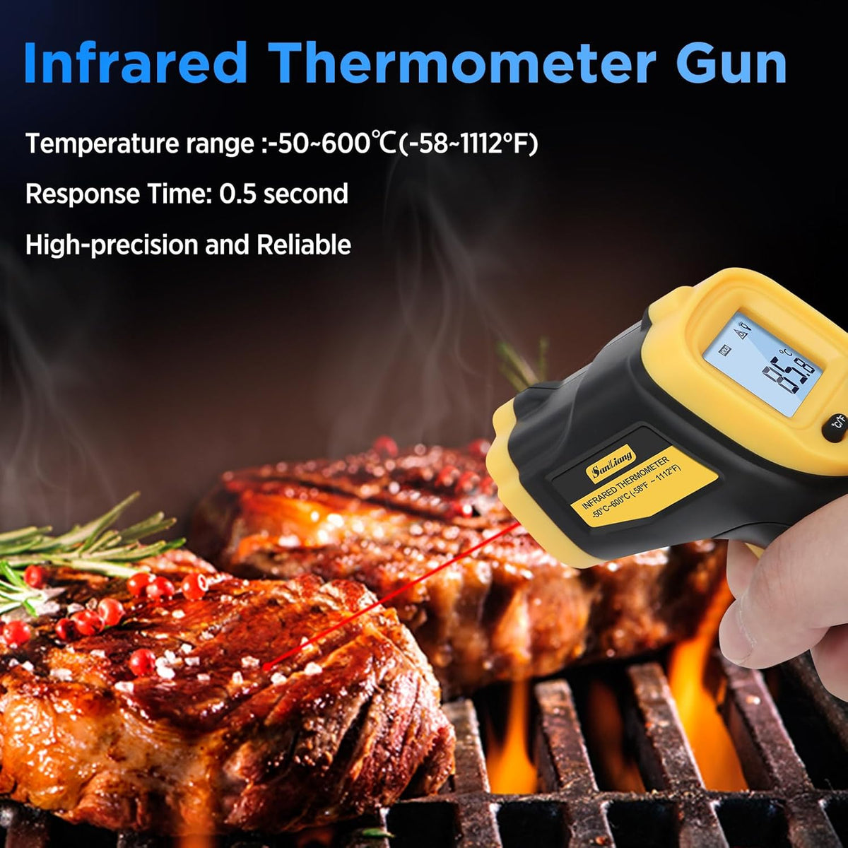 Infrared Thermometer Laser Temperature Gun -58℉ to 1112℉ with Adjustable Emissivity & Max and Min Measure Laser Digital IR Thermometer Gun Temp IR Surface Tool Heat Temp Gun for Cooking.