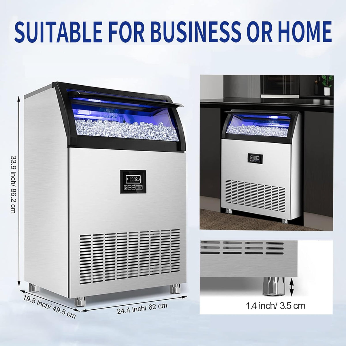 Commercial Ice Maker 250Lbs/24H Under Counter Ice Machine with 77Lbs Storage Bin, 90 Ice Cubes in 11Min, Stainless Steel Freestanding Ice Making Machine for Business, Water Filter and Scoop Included