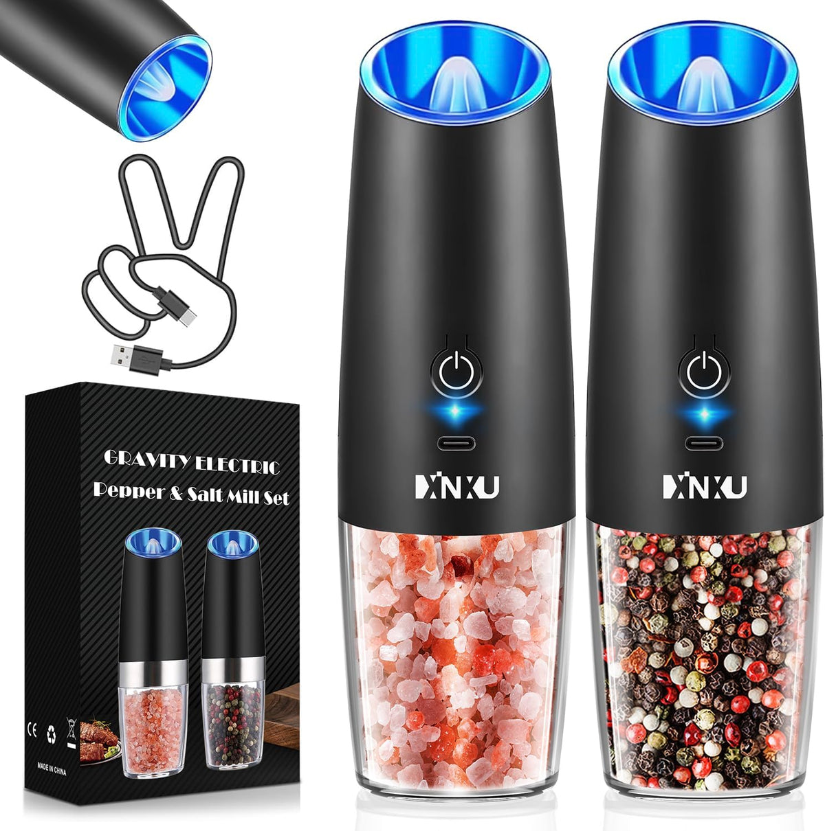 XinXu RECHARGEABLE Pepper and Salt Grinder Set,Automatic Pepper Mill,USB Rechargeable,Adjustable Coarseness,One-handed Operation,Ceramic Burr,Refillable,Auto Grinders Shakers LED Light,Black