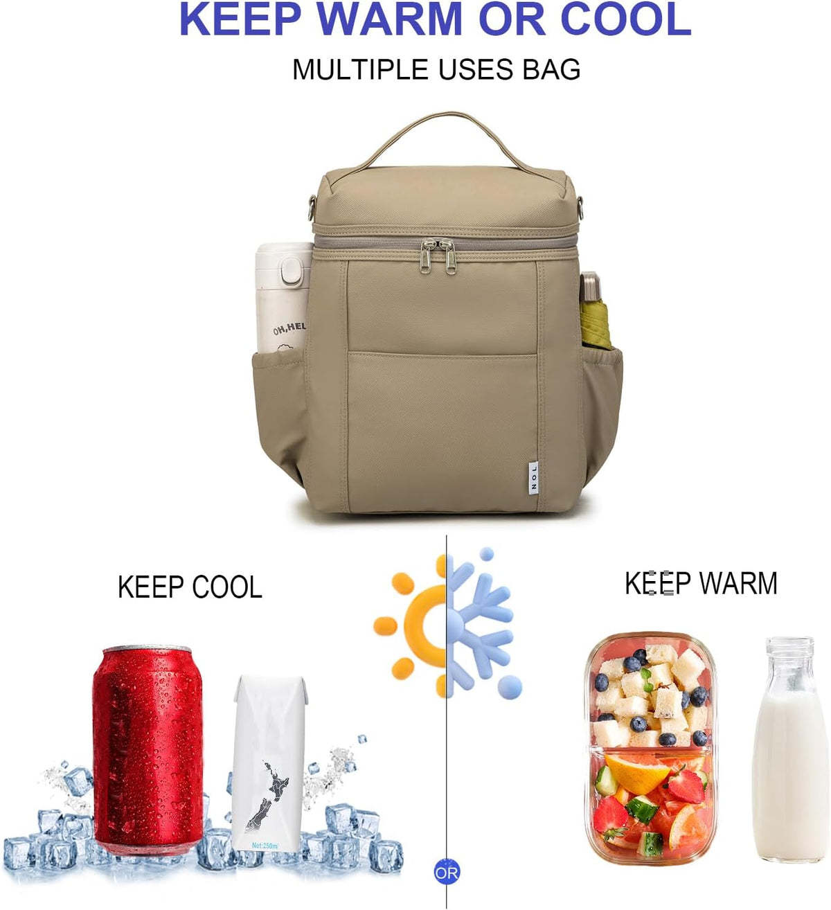 NOL Natural Organic Lifestyle Insulated Lunch Bags for Women Cooler Bag Lightweight Nylon Waterproof Lunch Box For Work (Khaki, Large)