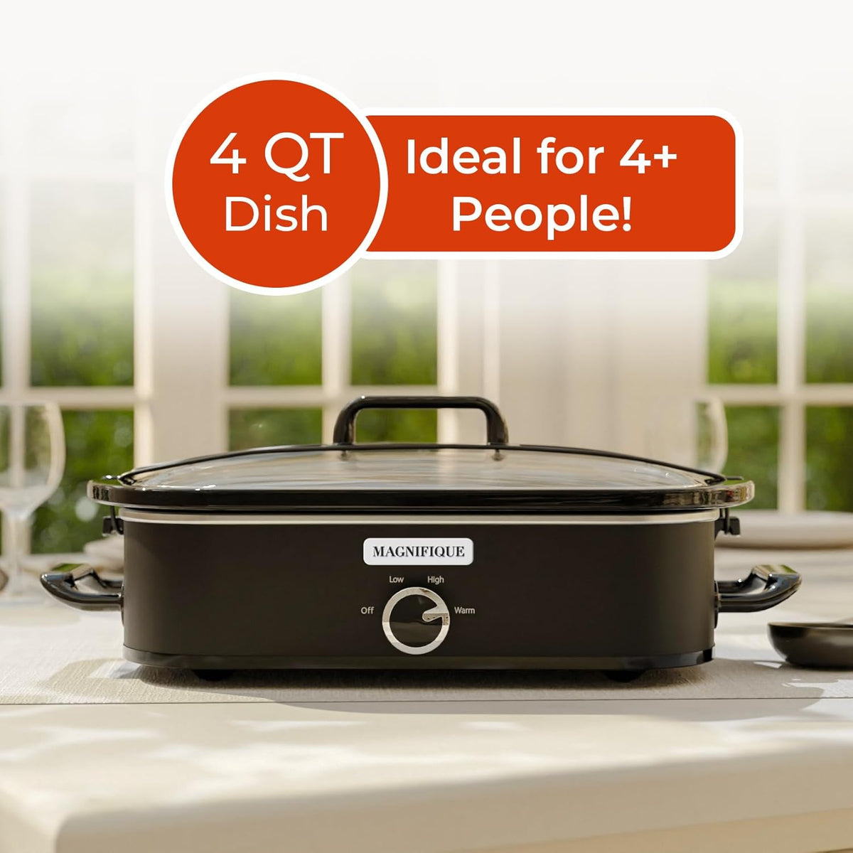 [NEW] MAGNIFIQUE 4-Quart Slow Cooker with Casserole Manual Warm Setting - Perfect Kitchen Small Appliance for Family Dinners, Dishwasher Safe Crock, Black