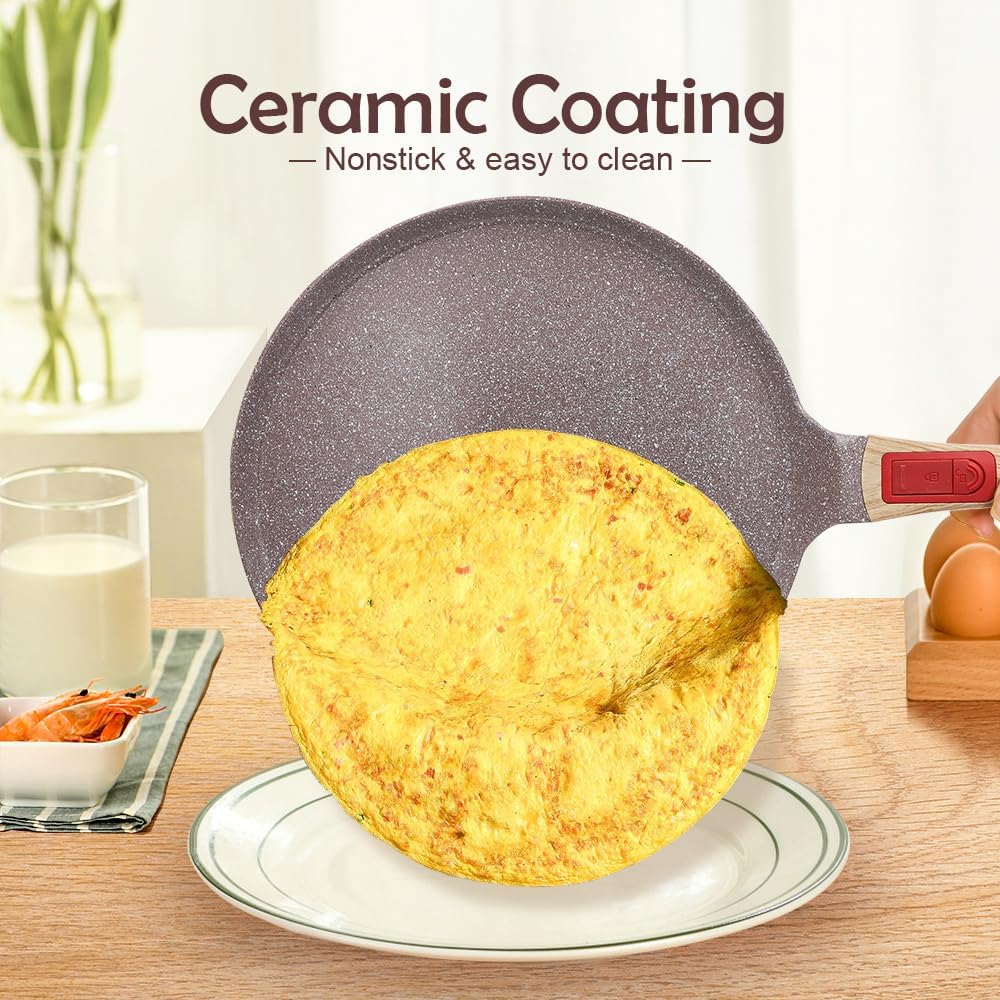 Ceramic Crepe Pan 12 Inch, Nonstick Dosa Pan Pancake Pan with Detachable Handle Round Griddle - Brown